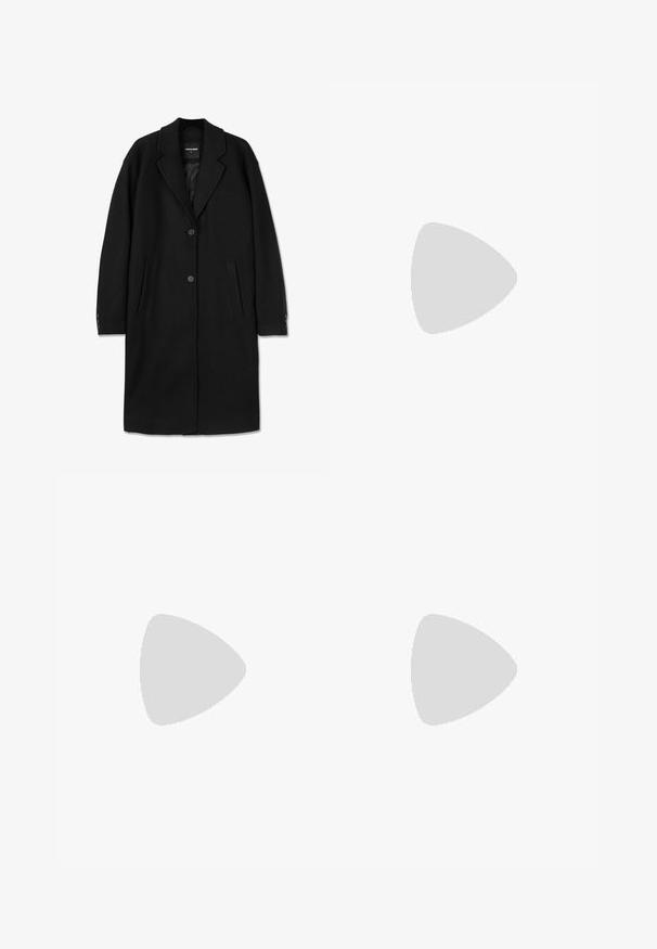 Melna vilnas virsjakas ar izdēstītu apkakli, vienkrūšļu dizains, divas priekšējās kabatas un pogājamas aproces. Gluda tekstūra un pielāgota piegriezuma.; Melnas džemperis, apaļš kakla izgriezums, garas piedurknes, ribotie aproces un apakšmalas, mīksta tekstūra, vienkrāsains, minimālisma dizains.; Gai zila džinsu bikses ar brīvu piegriezumu, kurām ir taisna kāju forma un standarta šuvju dizains, saskaņotas ar melniem sporta apaviem.; Melni ādas loafers ar noapaļotu pirkstu, viegli uzvelkami, un biezu gumijas zoli ar teksturētu saķeri. Pacelta papēža un diskrētas šuvju detaļas.; Melnas taisnstūra saulesbrilles ar tumšiem stikliem, kuras iezīmē bieza rāmja konstrukcija, diskrēti akcenti sānos, un nav redzamu logo ārpus zīmola nosaukuma.; Melnā tote soma, izgatavota no izturīga auduma, ar divām garām rokturiem, regulējamām siksnām un priekšējo kabatu. Tekstūru virsma ar minimālu zīmolu.; Trīs sudraba ķēdītes ar dažādām austām un tekstūrām, ar sprādzes aizdari un regulējamām ķēdītēm pielāgošanai.