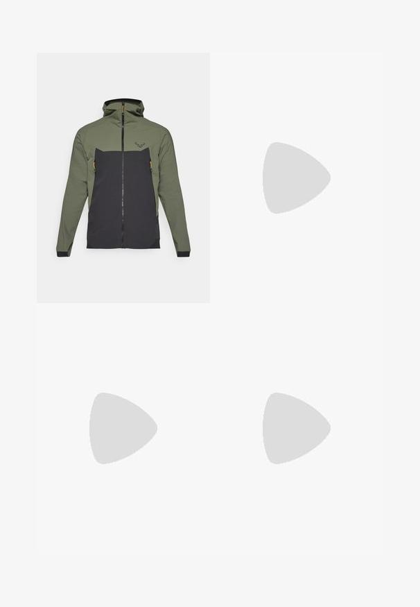 Hooded jaka ar zaļu augšējo daļu un melnu apakšdaļu, ar rāvējslēdzēju kabatām un oranžajiem akcentiem. Izgatavota no strukturēta, izturīga materiāla.; Pelēks īso piedurknu sporta T-krekls, kas izgatavots no gludas, vieglas auduma. Iekļauj baltu logotipu kreisajā krūtīs. Apaļas kakla dizains.; Melni ūdensnecaurlaidīgi bikses ar gludu tekstūru, ar GORE-TEX logo priekšpusē un pastiprinātiem apakšējiem matiņiem izturībai.; Viegls taku skriešanas apavs ar pelēku un melnu sieta augšdaļu, oranžiem akcentiem un izturīgu zoli, kas nodrošina saķeri. Ūdensizturīga Gore-Tex oderējums.
