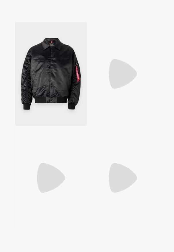 Melns bomber jakas ar gludu satīna apdari, kurai ir smalks logo raksts, ribotas piedurknes un sarkana auduma etiķete pie piedurknes.; Tumši pelēkas īsām piedurknēm T-krekls, izgatavots no viegla kokvilnas, ar brīvu piegriezumu un klasisku apaļu kakla izgriezumu, bez rakstiem un ar vienveidīgu faktūru.; Gaiši zili džinsi ar taisno piegriezumu un klasisko piecu kabatu dizainu, ar priekšējo pogu aizdari un jostu cilpiņām. Gluda tekstūra.; Melnas ādas kurpes ar noapaļotu purngalu, mezglu dizainu un biezu, strukturētu gumijas zoli. Satur šuvju detaļas gar malu un gludu apdari.