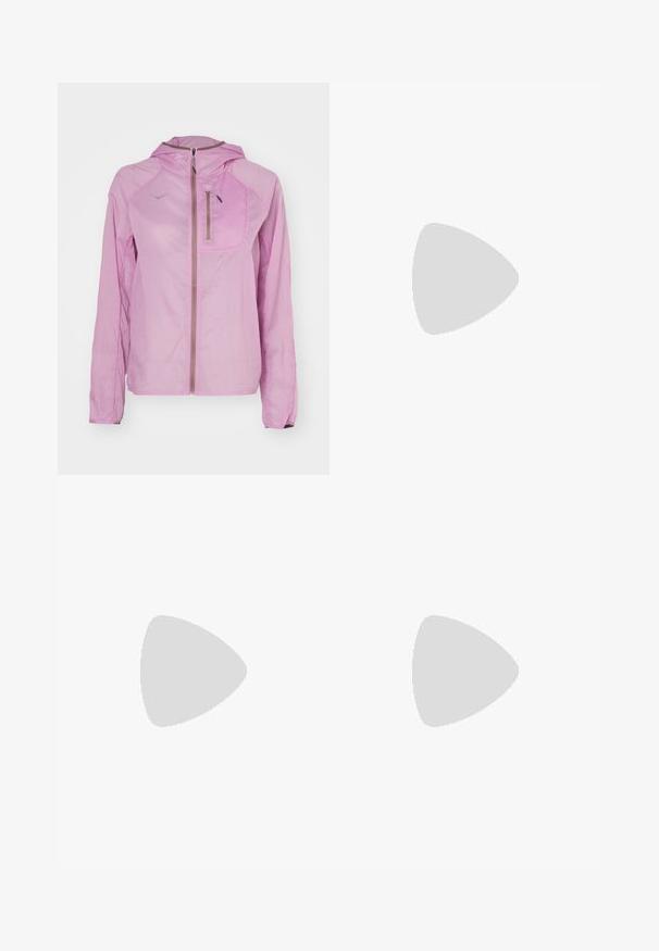 HOKA SKYFLOW JACKET - Vindjakke - pink twilight; Svart treningsbh med en tettsittende design, brede stropper og et nettdeksel foran. Glatt tekstur og minimale sømmer. Nike-logo på kanten.; Sorte, cropped leggings laget av elastisk stoff, med høy midje og glatt tekstur, uten synlige mønstre eller detaljer.; Rosa mesh atletikksko med oransje og lilla detaljer, som har polstret krage, snøring og teksturert såle for godt grep.