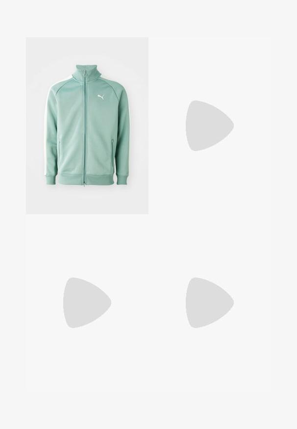 Chaqueta de entrenamiento con cremallera de Puma en verde menta claro con rayas laterales blancas, corte ajustado, cuello y puños acanalados, presenta un logo en el pecho.; Dos camisetas sin mangas blancas, con textura acanalada, que presentan logotipos bordados en azul y verde. Una tiene un diseño de sol y la otra de una palmera.; Pantalones de pierna ancha color crema hechos de algodón, con cierre de botón, presillas para cinturón y dobladillo cosido. Textura suave, sin patrones visibles.; Zapatilla de ante azul claro con detalles en blanco, diseño texturizado en los laterales, suela de goma negra y logo dorado. Diseñada para uso casual.
