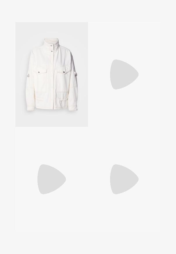 White denim jacket with a high collar, two front pockets, silver snap buttons, and contrasting stitching details. Features a relaxed fit.; White cropped T-shirt, short wide sleeves, soft cotton material, round neckline with subtle orange trim, minimal design, no patterns or graphics.; Black tailored trousers with a straight-leg design, featuring a smooth texture and crisp creases along the front. No visible hardware.; White and beige sneaker featuring a smooth upper with suede accents, a textured sole, and tonal stitching. Lace-up closure with logo detail.