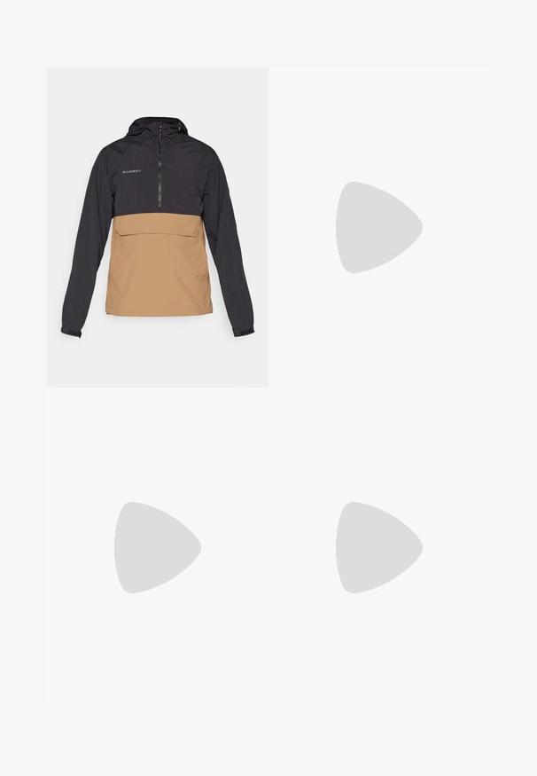Mammut HIKING HOODED ANORAK - Giacca a vento - dark sand/black; Camicia azzurra a maniche corte con un motivo geometrico a righe e un logo bianco in alto a sinistra. Realizzata in un materiale leggero e traspirante.; Pantaloni neri da esterni con design a gamba dritta, realizzati in tessuto resistente. Presentano due tasche frontali con cerniera e un logo sulla coscia.; Scarpa da corsa Hoka verde con tomaia in Gore-Tex, dettagli testurizzati, lacci elasticizzati e suola spessa beige con logo Vibram.