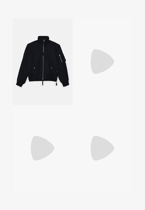 Helmut Lang STRETCH - Chaquetas bomber - black; Camiseta gris de manga corta hecha de una tela suave y texturizada. Presenta un cuello redondo clásico y un dobladillo recto, adecuada para uso casual.; Jeans de pernera ancha negros con costuras blancas en contraste, diseño de cinco bolsillos y puños a rayas. El material parece resistente con una textura suave.; Zapatos de cuero negro con suelas negras estriadas, combinados con pantalones marrones de corte ajustado hechos de una tela suave y texturizada.; Gafas de sol con montura negra, lentes ahumados grises y un diseño elegante. Presentan bordes curvados y varillas delgadas para un aspecto ligero.