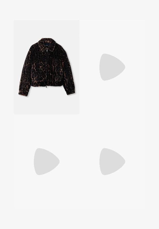 Faux fur cropped jacket in dark brown with leopard print, featuring a collared neckline, long sleeves, and a front zip closure.; Black cotton t-shirt with a round neck and short sleeves; features red embroidered "Emporio Armani" logo and heart on the chest area.; Navy blue trousers made of cotton, featuring a straight-leg design, a front button closure, and classic waistband with belt loops.; Black leather sneaker with a low profile, rounded toe, and lace-up closure; features a textured rubber sole and logo detail on the heel.