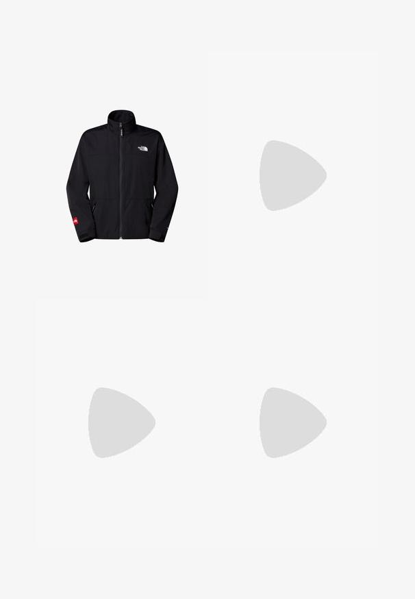 The North Face Mezisezónní bunda  - tnf black; Černé bavlněné tričko s krátkými rukávy, kulatým výstřihem a malým bílým logem na levém hrudníku. Jednoduchý design, hladká textura a uvolněný střih.; Černé sportovní kalhoty vyrobené z lehké tkaniny, s páskem na šňůrku, bočními kapsami a zúženými manžetami na kotnících.; Černé venkovní tenisky s horní částí ze semiše, texturovanou gumovou podrážkou a pevným šněrováním. Obsahují zesílenou patu a logo značky na boku.