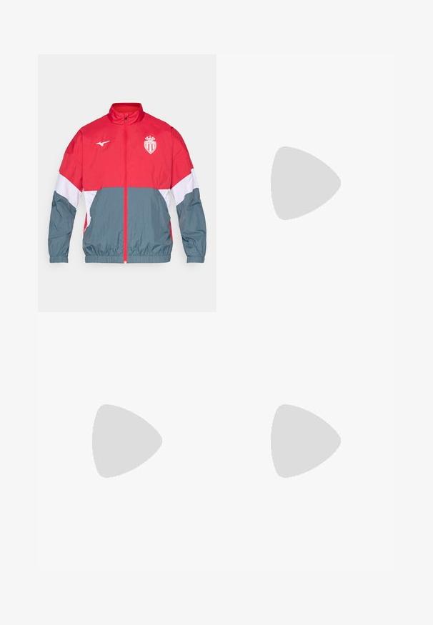 Červená a šedá vetrovka s predným zipsom, elastickými manžetami a lemom. Obsahuje logo na hrudi a dizajn v kontrastných farbách.; Biela krátkoprstá Nike tričko vyrobené z hladkého syntetického materiálu, s čiernym logom na ľavej strane hrudníka.; Biele športové šortky z ľahkej tkaniny s elastickým pásom, obsahujúce dve bočné vrecká a malé čierne logo na leme.; Biele športové tenisky s textúrovaným sieťovaným zvrškom, čiernou gumovou podrážkou a akcentom teal loga Nike. Obsahujú šnúrky a vypolstrovaný golier.