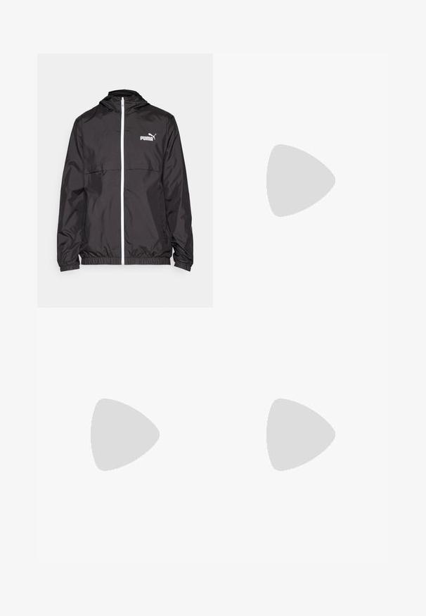 Chaqueta ligera negra con capucha, que presenta un cierre de cremallera en la parte delantera, puños elásticos y un logotipo blanco en el pecho. Textura satinada con un diseño compacto.; Dos suéteres negros de manga larga y cuello alto, de punto liso, apilados con uno ligeramente detrás del otro sobre un fondo blanco.; Pantalones cargo caqui con cintura elástica y cordón, que cuentan con bolsillos laterales y tobillos ajustados. Fabricados en un material ligero y texturizado.; Zapatilla deportiva de cuero negro con media suela blanca, puntera perforada, detalle del logo en dorado, cuello acolchado y acentos en negro contrastantes en los laterales.