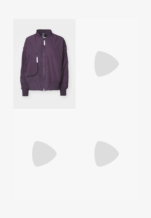 Lila bomber dzseki könnyű anyagból, elöl cipzárral, bordázott mandzsettákkal és oldalzsebekkel, amelyek kontrasztos cipzárokkal rendelkeznek.; Piros rövidített pulóver kerek nyakkivágással és ejtett vállakkal. Az elején kis fekete Adidas logó található. Sima szövet textúra.; Fekete sport leggings, magas derékkal, hálós díszítéssel az alsó lábszárakon és hímzett logóval a csípőn.; Fehér sportcipő, hálós felsőrésszel, az oldalon három fekete csíkkal, textúrázott részletekkel és egy tartós gumi talppal, amelynek ellentétes fekete szakasza van.