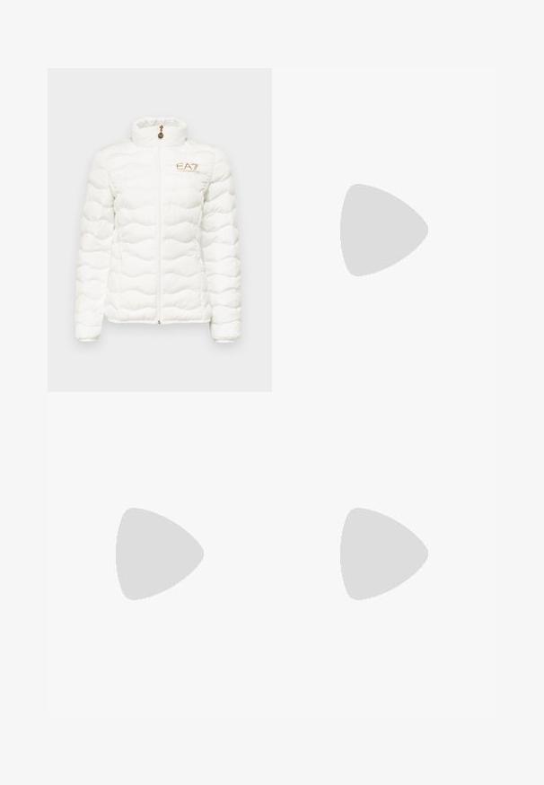 EA7 Emporio Armani Winter jacket - white; White sleeveless sweater made of smooth cotton, featuring a ribbed hem and a small navy logo on the bottom left. Simple design, no patterns.; Polo Ralph Lauren HEMP WIDE LEG PANT - Trousers - nevis; Sneaker featuring a light blue body, white suede accents, black heel, and prominent black "POLO" logo with a red polo player silhouette.