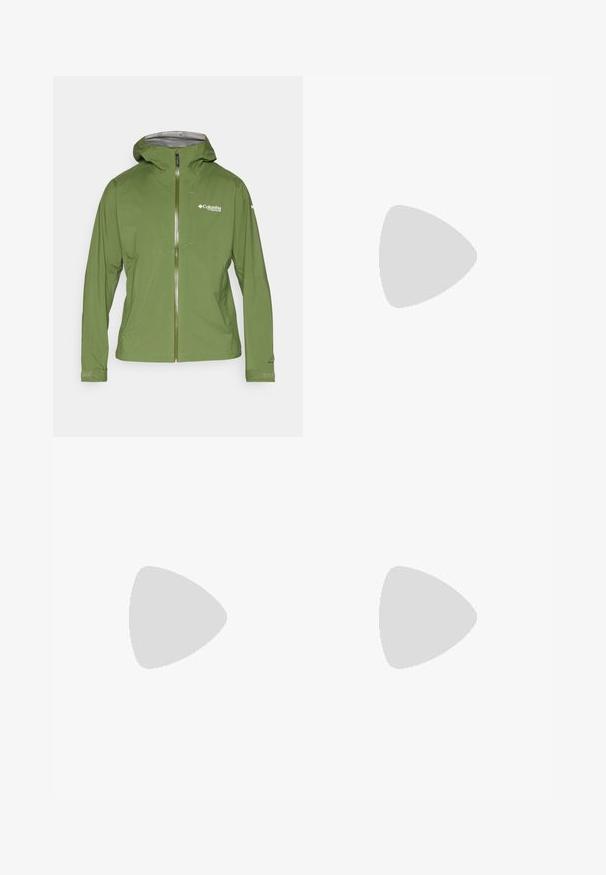 Green rain jacket featuring a hood, front zipper, and gray interior lining. Logo displayed on the chest, with adjustable cuff details.; Black short-sleeve T-shirt made from lightweight fabric. Features a small white logo on the left chest and subtle shoulder accents.; The North Face WINTER EXPLORATION TAPERED CARGO  - Outdoor trousers - black; Grey trail running shoe with a textured upper, durable rubber sole, and reinforced toe cap. Features laces and brand logo on the side.