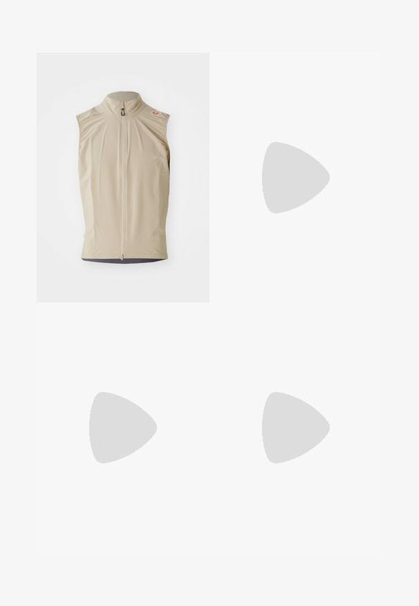 Beige bezrukávový vest s vyvýšeným límcem, předním zipem a lehkým materiálem. Obsahuje texturovanou spodní vrstvu a minimalistický design.; Černé běžecké tričko Nike vyrobené z lehkého a prodyšného materiálu, s krátkými rukávy a malým bílým logem na hrudi.; Černé sportovní kalhoty s elastickým pasem, zúženými nohavicemi a malým bílým logem Nike na levém stehně. Hladká látka, bez vzorů.; Černá a šedá sportovní obuv s vrškem z prodyšné síťoviny, reflexními akcenty a bílou mezipodešví. Obsahuje texturovanou gumovou podrážku a tkaničky.