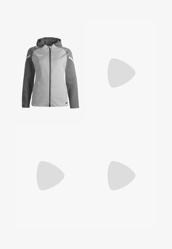 Giacca zip-up grigia chiara con cappuccio, dotata di maniche grigie scure, dettagli testurizzati sulle spalle e nome del marchio "JAKO" stampato sul petto.; Canotta atletica nera senza maniche con scollatura arrotondata, tagli laterali e loghi Nike bianchi sulle spalle. Tessuto liscio e leggero.; Pantaloni sportivi neri realizzati con un tessuto leggero, caratterizzati da una vita elastica, un design aderente e un logo Nike bianco sulla coscia.; Scarpa da corsa nera Nike con tomaia in rete traspirante, logo Swoosh bianco, dettagli testurizzati e intersuola ZoomX di colore crema.