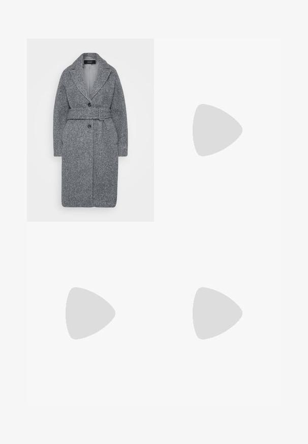 Pelēks vilnas mētelis ar teksturētu apdari, garām piedurknēm, šalli apkakli, vienu pogu aizdari un saderīgu jostu viduklī.; Garais piedurkņu crop tops, izgatavots no balta elastīga auduma ar plašu kakla izgriezumu un gludu tekstūru. Nav redzamu rakstu vai apdares detaļu.; Augstas jostas melni izplūduši džinsi, kas izgatavoti no denima, ar pogu aizdari, sānu kabatām un gludu tekstūru.; Melnas ādas potītes zābaki ar masīvu platformas zoli, ar gludu virsmu un cilpu aizmugurē, lai tos būtu viegli uzvilkt.; Sudraba riņķveida auskari, ar gludu, pulētu virsmu. Divi pāri ar nedaudz atšķirīgu izmēru. Vienkāršs, apaļš dizains, viegli.