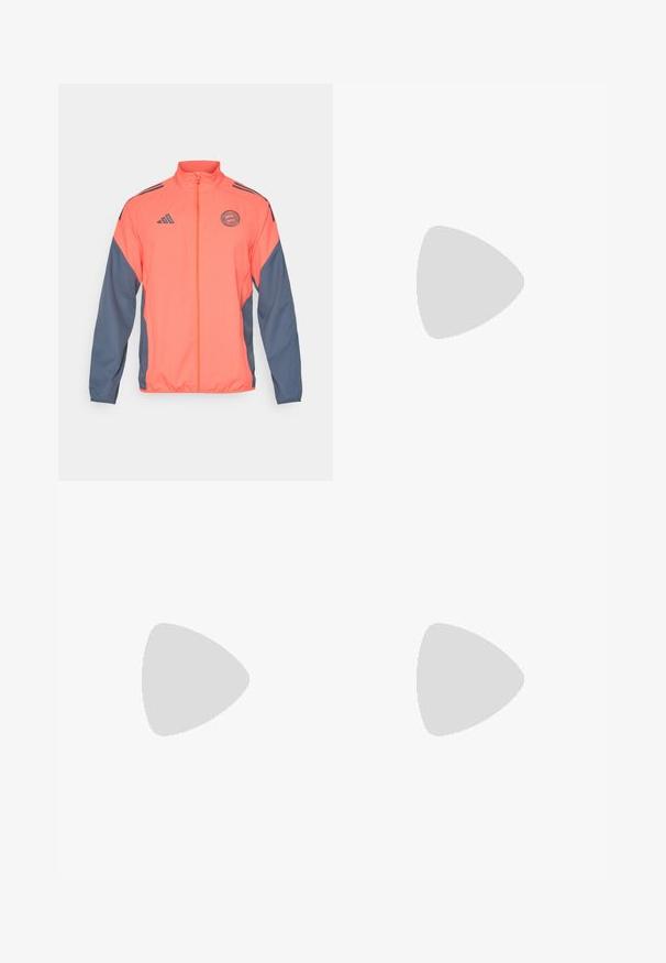 Chaqueta con cremallera en naranja y azul marino, con cuello alzado, logo de Adidas y parche del equipo. Fabricada en material ligero con paneles laterales y puños en contraste.; Camisetas de algodón blancas, de manga corta, con diseño de cuello redondo, textura lisa, apiladas en una fila, con un sutil logo en el cuello.; Pantalones de chándal de algodón azul con franjas laterales rojas, que presentan un logo del Arsenal y un logo de Adidas. Cintura elástica con un cordón para ajuste.; Zapatillas de cuero blancas con puntera de ante gris, tres franjas horizontales blancas, acento azul y suela de goma marrón. Detalle texturizado en la suela.