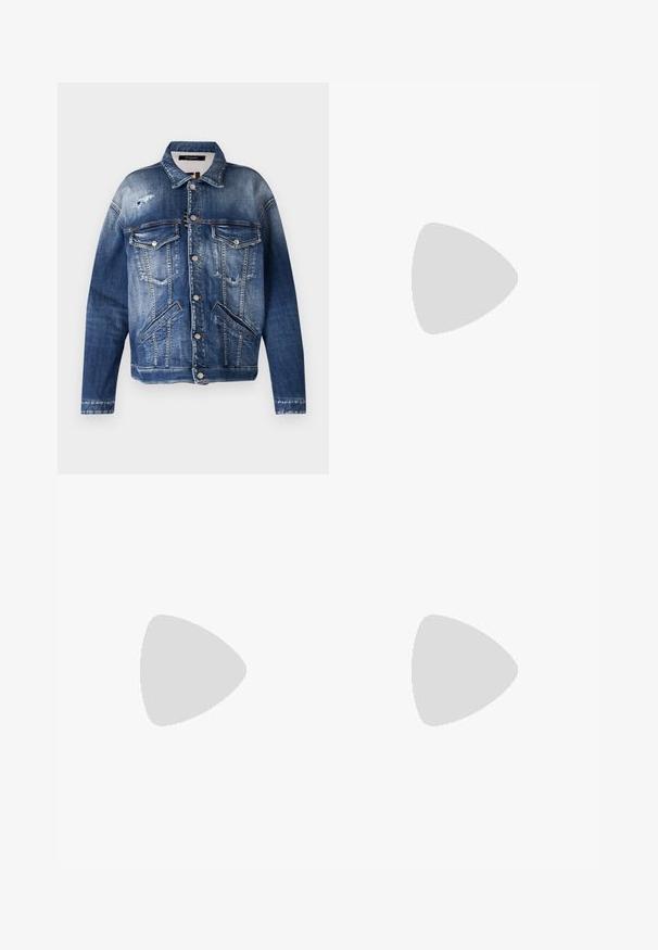 Denim jacket in varying shades of blue, with a distressed finish, two chest pockets, side pockets, visible stitching, and metal buttons.; White short-sleeve t-shirt made of cotton. Features a relaxed fit with a crew neckline and slightly dropped shoulder seams. No patterns or accents.; Black tailored shorts with pleats, featuring a slim black belt with a gold buckle. Made from a smooth fabric, offering a polished look.; Black leather pump with a pointed toe and a low block heel. Features an ankle strap with a gold-tone buckle. Smooth texture.