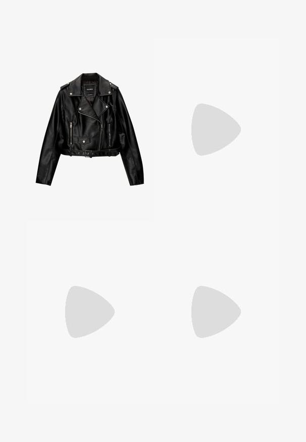 Giubbotto da moto in pelle nera tagliato con hardware argento, cerniere e vita con cintura. Presenta ampi revers e design doppiopetto.; Tre top senza maniche impilati: nero, verde oliva e bianco. Il tessuto è un materiale liscio e elastico con scollature arrotondate e senza fantasie.; Pantaloni da combattimento in un tessuto beige con un motivo a macchie di leopardo verde e nero; dotati di vita con cordino e numerose tasche.; Sneakers neri con tomaia in suede e materiale sintetico, caratterizzati da tre strisce bianche, suola in gomma testurizzata e etichetta blu sul linguetta.
