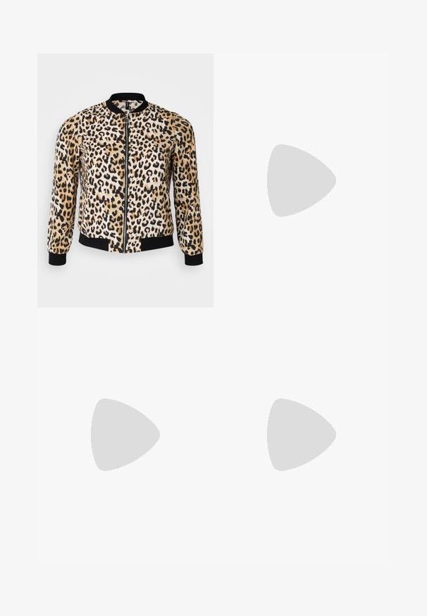 Leopard print bomber jacket in tan, black, and cream with a zip front, ribbed cuffs, and hem. Soft fabric with a smooth texture.; Three fitted T-shirts in white, gray, and black. Each features a wide scoop neckline and short sleeves. Made from smooth, stretchy fabric.; Black flared pants made of stretchy fabric, featuring a high waistband and a smooth texture. The pants flare out from the knee.; Black canvas high-top sneakers with white rubber soles and laces. Features a circular logo on the side and contrasting white stitching.