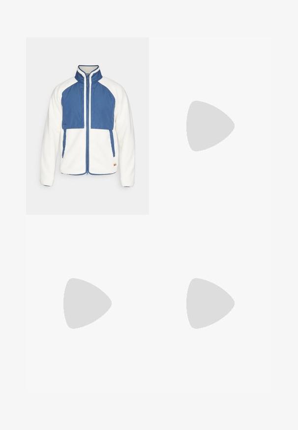 Fjällräven VARDAG PILE JACKET M - Fleece jacket - chalk white/indigo blue; Short-sleeve, crew neck t-shirt in light beige cotton, featuring a small white logo on the left chest. Smooth texture and relaxed fit.; Black athletic pants made from lightweight fabric, featuring a drawstring waistband, side pockets, and tapered cuffs at the ankles.; Black trail running shoe with a textured upper, rubber sole, and reinforced toe cap. Features a padded collar and pull tab for easy wear.