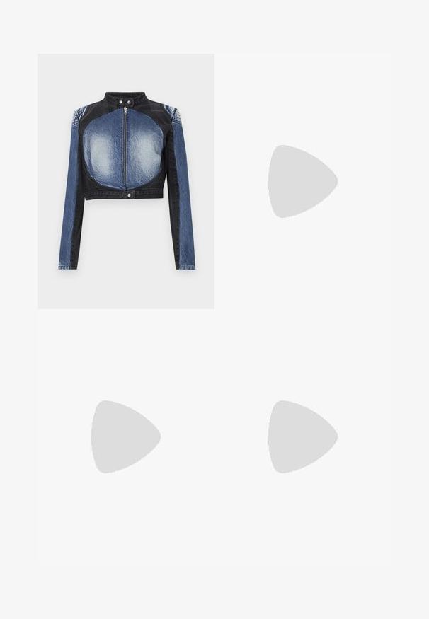 Giubbotto di jeans corto con una parte superiore nera e sezioni inferiori blu. Presenta una chiusura frontale con zip e bottoni a pressione, texture liscia.; T-shirt bianco in cotone con maniche corte, scollo rotondo, vestibilità comoda e orlo cucito. Etichetta visibile all'interno del colletto.; Pantaloni neri a campana realizzati in tessuto elasticizzato, con vita alta e una superficie liscia e senza decorazioni. Design semplice e aderente.; Sneaker sportivo con tomaia in mesh e suede beige e bianco, punta tonda, chiusura con lacci, colletto imbottito e suola bianca spessa.