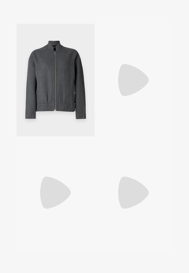 Gray bomber jacket with a high collar, front zipper, elastic waistband, and side pockets made of textured fabric.; Cropped denim jacket in light blue, featuring a button-up front, pointed collar, and puffed sleeves with side seams.; Black flared jeans made from denim. Features a classic five-pocket design with a zip fly, sturdy stitching, and a clean hem.; White leather sneakers with a thick white sole, black suede heel accent, and embossed logo on the side. Laced design with six eyelets.