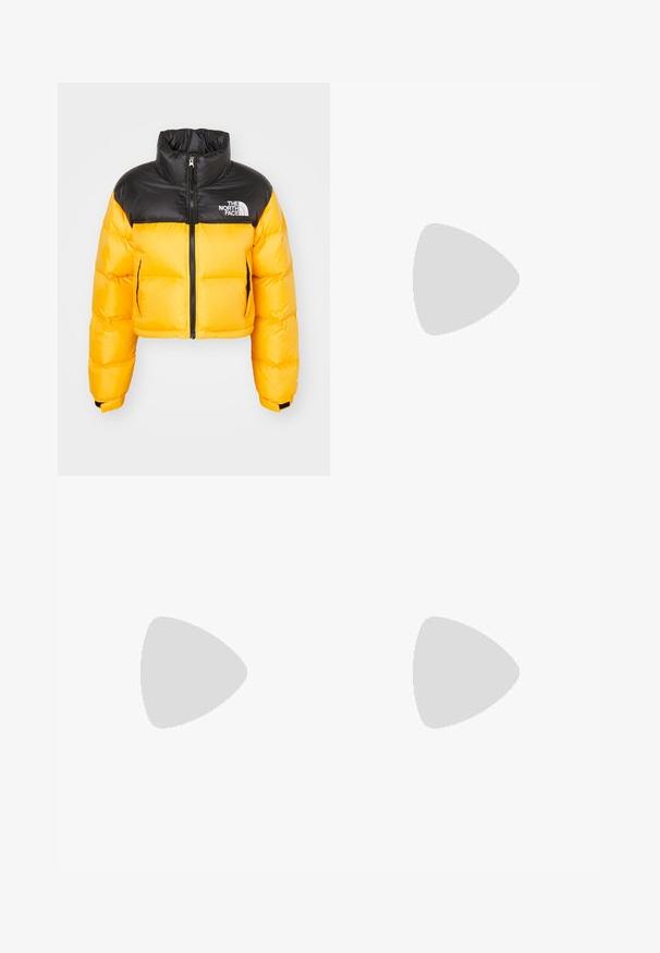 Cropped puffer jacket featuring a black upper and bright yellow lower section, made of shiny nylon with a zip closure and logo accent.; White cotton t-shirt with a relaxed fit, short sleeves, and a small embroidered logo on the left chest area.; Black wide-leg jeans made of denim, featuring contrasting white stitching and a front button closure, with two angled front pockets.; Black athletic sneakers with mesh upper, textured accents, and visible air cushioning pods in the sole. Worn with blue denim jeans.