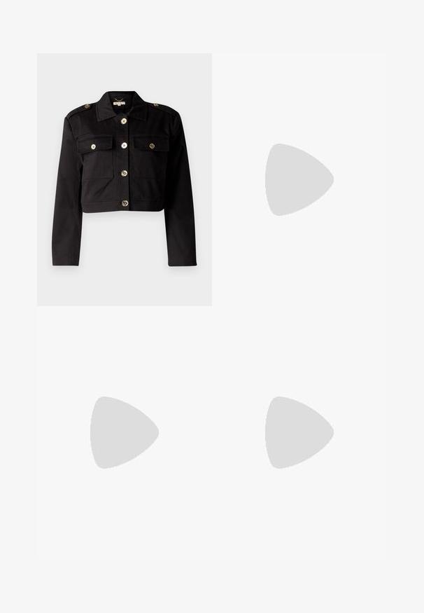 Mustassa cropped-takissa on kestävä kangas ja siinä on kultaiset napit, kaksi rintataskua ja olkatoppaukset lisäyksinä.; Musta puuvillapaita, jossa on pyöreä kaula-aukko, lyhyet hihat ja valkoinen brodeerattu logo vasemmassa rinnassa. Suora tekstuuri, rento muotoilu.; Ruske puuvillapüksid kitsas lõikega, siledad ees ja tavalised taskud; sile tekstuur ja äärekasutusega varrukad.; Valkoiset nahkakengät, matala malli, jossa on sileä pinta, pyöreä kärki, nauhakiinnitys edessä ja pieni brodeerattu logo sivulla.; Musta nahkalaukku puolikuun muotoisena. Varustettu kultaisilla yksityiskohdilla ja kapealla hihnalla. Tasainen pinta, vetoketjukiinnitys ylhäällä.