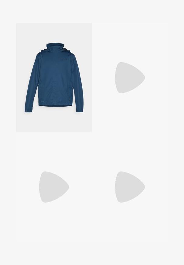 Blue lightweight jacket with a high collar, adjustable hood, and long sleeves. Features a smooth texture and subtle logo detail on the chest.; Black short-sleeve T-shirt made from lightweight fabric. Features a small white logo on the left chest and subtle shoulder accents.; Black athletic pants made from lightweight fabric, featuring a drawstring waistband, side pockets, and tapered cuffs at the ankles.; Black trail running shoe with a textured upper, rubber sole, and reinforced toe cap. Features a padded collar and pull tab for easy wear.