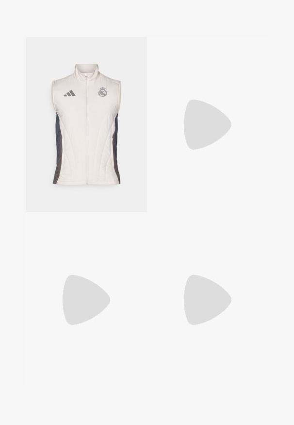adidas Performance REAL MADRID EU WINTER VEST - Väst - putty mauve/dark grey/charcoal; Vit sporttopp med kort ärm, tillverkad av fukttransporterande tyg. Har en svart logotyp på vänster bröst och ett mönstrat inre halsringning.; Svarta träningsbyxor med elastisk midja, vita sidostreck och en liten vit logotyp på låret. Tillverkade av ett slätt, lätt material.; Svarta sportskor med ett texturerat nätövre, vita accentlinjer, en dämpad sula och en förstärkt häl för stöd.