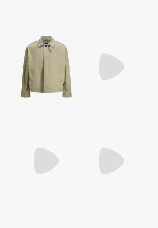 Beige lichtgewicht jas met een kraag, enkele knoopsluiting, twee zijzakken en een recht modellen. Glad textuur.; Drie mouwloze T-shirts in grijs, wit en zwart. Zacht katoenmateriaal met een ronde hals en een relaxte pasvorm. Eenvoudig ontwerp, geen patronen.; Denimshorts in donkerblauw met een vervaagde afwerking. Heeft vijf zakken, een sluiting met een knoop aan de voorkant en gestikte details langs de naden.; Sportschoenen met een witte leren bovenkant, grijze suède neus en drie zwarte strepen. Bevat een blauw logo op de tong en een gestructureerde rubberen zool.; Bruine rechthoekige zonnebril met getinte glazen, kunststof frame en metalen accenten aan de zijkanten. Heeft een slank ontwerp en een gladde textuur.