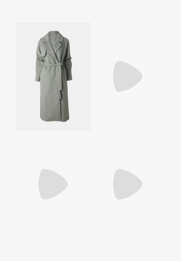 Grey wool wrap coat with a shawl collar, long sleeves, tie belt, and side pockets. Soft texture and knee-length design.; White cropped sweater made from soft material, featuring a round neckline and long, slightly oversized sleeves with ribbed cuffs.; Light blue denim jeans with a straight leg design, featuring a button fly, five pockets, and subtle fading along the legs.; White and beige athletic shoes with a perforated toe, black logo, and laces. Made of synthetic materials with a textured sole.
