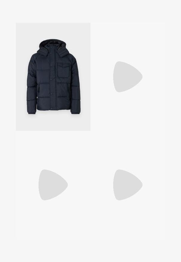 Navy blue puffer jacket with a hood, featuring a zippered pocket, button closure, and ribbed cuffs. Made from a glossy, textured fabric.; Black hoodie made of soft fabric, featuring a drawstring hood and ribbed cuffs. Embroidered logo in dark tones on the front.; Black jogger pants made of cotton blend, featuring an elastic waistband with drawstring, cuffed ankles, and a subtle logo print on the side.; White canvas sneakers with a textured rubber sole, featuring a stitched toe cap and logo accent on the heel. Simple lace-up design.