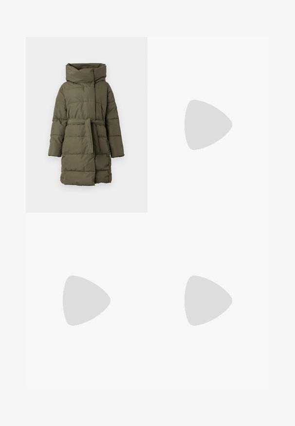 Padded parka coat in olive green, featuring a high neckline, belted waist, long sleeves, and horizontal quilted texture.; Black oversized t-shirt featuring a graphic of a bear with the text “NOT CUTE BUT WILD” in bold, white lettering. Cotton material.; Light blue, high-waisted jeans made of denim. Feature wide legs, two torn knee areas, and classic five-pocket styling.; White high-top canvas sneaker with black rubber sole, front rubber toe cap, and six eyelets for laces, featuring a clean, minimalist design.