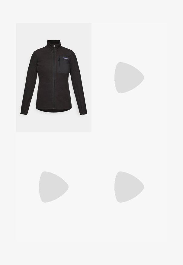 Zwarte fleece jack met volledige rits, met een gestructureerd patroon, lange mouwen, hoge kraag en een geassembleerde borstzak met merklabel.; Patagonia LOGO RESPONSIBILITEE - Longsleeve - gravel heather; Zwarte joggers met een elastische tailleband, trekkoorddetails en zijzakken. Gemaakt van een gladde, lichte stof.; Donkergrijze wandelschoenen met bovenwerk van mesh en suede, vetersluiting, gevoerde zool en robuuste buitenzool met grippatroon.