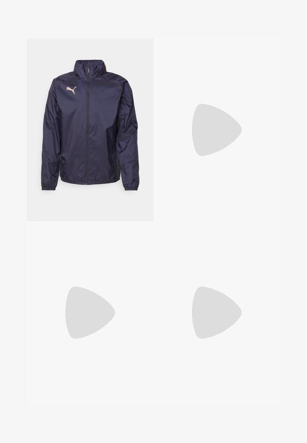 Námornícky modrá vetrovka vyrobená z ľahkého, hladkého materiálu; má vysoký golier, celoprepínací zips a ružové logo Puma na hrudi.; New Balance ESSENTIALS - Športové tričko - black; Čierne športové nohavice vyrobené z hladkého, ľahkého materiálu. Obsahujú elastický pás a malé biele logo na ľavej strane.; Ľahká bežecká obuv s bielou sieťovinou, sivými akcentmi a textúrovanou slonovinovou podrážkou so značkou "FuelCell".