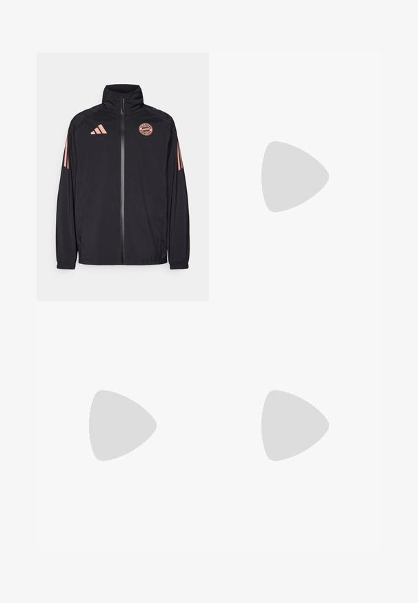 Mustan vetoketjuhupparin, jossa on korkea kaulus, FC Bayern München -logo ja vaaleanpunaiset kolmisauvat suunnitteluna hihoissa. Kevyt materiaali.; Valkoinen pitkähihaine paita, jossa on tummansinisiä yksityiskohtia, puolivälin vetoketju kauluksessa, jossa on "Emirates Fly Better" -logo ja Arsenalin seura-logo.; Laivastonsiniset juoksuhousut, jotka on valmistettu kevyestä kankaasta. Housuissa on sininen yksityiskohta, logo-ommel ja kolme valkoista raitaa alavarsissa.; Mustat urheilukengät, joissa on teksturoitu verkkomateriaali yläosassa, valkoiset korostusraidat, pehmustettu pohja ja vahvistettu kanta tuen vuoksi.
