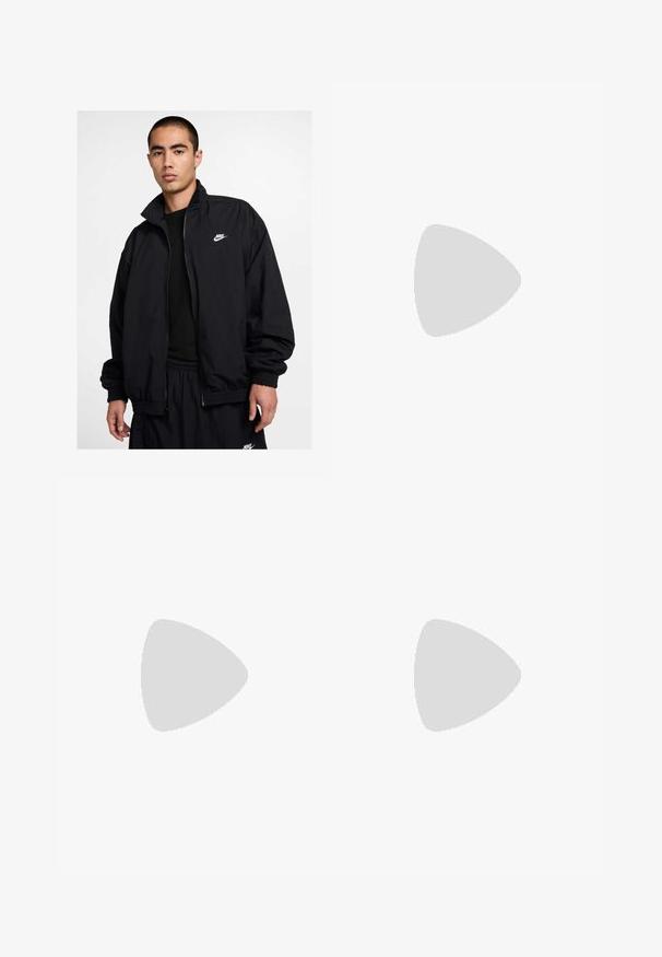 Casaco preto da Nike com gola alta, fecho de correr frontal, punhos elásticos e um pequeno logo branco no peito esquerdo; fabricado com material leve.; Sweatshirt cinzenta feita de material suave de fleece, apresenta punhos e bainha canelados, com um pequeno logótipo branco da Nike no peito.; Calças casuais pretas com cordão na cintura, com bolsos laterais e corte reto, sobre um fundo simples.; Sapatilha atlética bege e cinza com parte superior em malha texturizada, ponta arredondada e sola de borracha, com atacadores e colarinho almofadado.