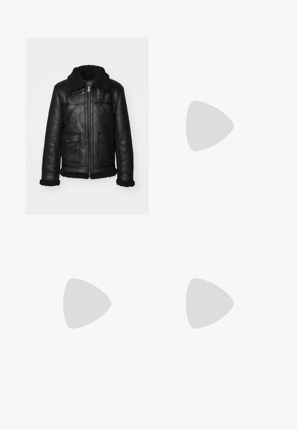 Black leather jacket with a fuzzy collar, zipper closure, and two front pockets. Features decorative hardware and stitching details.; Five t-shirts arranged in gradient colors: beige, olive, brown, dark blue, and black. Made of soft cotton with short sleeves and round neck.; Black denim jeans with a straight leg design, featuring copper hardware, two front pockets, a back pocket, and a button closure.; Black high-top canvas sneakers with white rubber soles and laces, featuring a circular logo on the side and paired with denim and black pants.