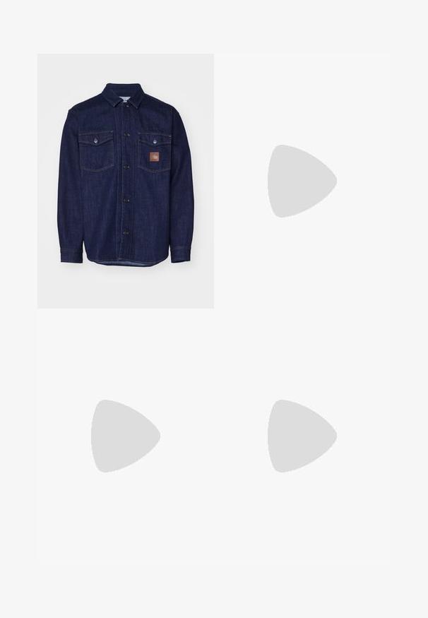 Dark blue denim shirt with long sleeves, button-up front, two chest pockets, and a leather logo patch on the left pocket.; White cotton tank top with a round neckline, wide shoulder straps, and a straight hem, featuring a smooth texture and no visible patterns.; Wide-leg trousers in dark grey fabric, featuring a pleated front, two side pockets, and a flat waistband. Smooth texture and tailored design.; Burgundy leather shoes with brown rubber soles, round toe, white stitching, and gold eyelets. Interior features a yellow lining.