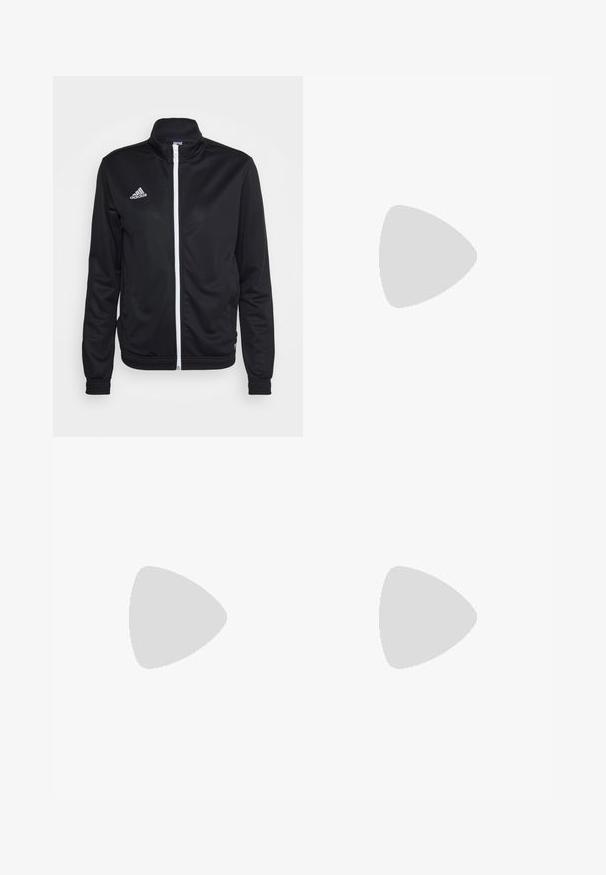 Schwarze Zip-Jacke mit hohem Kragen, aus glattem Stoff gefertigt. Hat einen weißen Reißverschluss und ein weißes 'adidas'-Logo auf der linken Brust.; Schwarzes Sport-Crop-Top aus feuchtigkeitsableitendem Material, mit rundem Halsausschnitt, ärmellosem Design und weißem Logo auf der Brust.; adidas Performance Tights - black; Schwarze Sportschuhe mit einem Obermaterial aus Mesh, stromlinienförmiger Form, flacher Sohle und drei diagonalen Streifen an der Seite. Leichtes Design für Komfort.