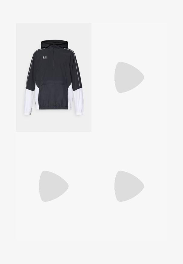 Svart- og hvit pulloverjacket med hette, halv glidelås foran, elastiske mansjetter, frontlomme, hvite sidelapper og brodert logo på brystet.; Svart Nike løpe-T-skjorte laget av lett, pustende stoff, med korte ermer og en liten hvit logo på brystet.; Svarte treningbukser med elastisk midje, smalere design, med en stor hvit Nike-logo på venstre bein. Myk, lett stoff.; Svart treningssko med teksturert overdel, hvit Nike-swoosh og hvit gummisåle. Har snøring og en dynamisk form.