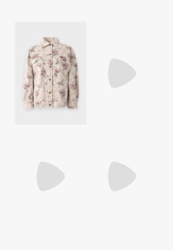 Denim jacket dengan cetakan bunga berwarna beige, dihiasi dengan bunga pink dan abu-abu, dilengkapi dengan dua kantong dada, penutup kancing di bagian depan, dan kerah standar.; Valkoinen nappipaita pitkät hihat, vyötärön yksityiskohta istuvana ja kiiltävä vyökoriste. Valmistettu sileästä, kevyestä kankaasta.; Valkoiset, leveälahkeiset pellavahousut, joissa on sileä pinta, etupurjeet ja sivutaskut. Yksinkertainen, koristamaton muotoilu.; Valkoinen nahkainen nilkkuri, jossa on pyöreä kärki ja jykevä sylinterimäinen korko. Tasainen pinta, минималистinen muotoilu, ei näkyviä metalliosia tai kuvioita.