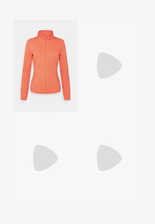 ONLY Play ONPJETTA HN LS NOOS - Fleece jacket - spiced coral; Black cropped tops in soft, stretchy fabric with thin straps and a crisscross design. Features a rounded neckline and seamless finishing.; Blue high-waist skinny jeans with front pockets, button, zipper closure, and belt loops, displayed on a white background.; White low-top Puma sneaker with lace-up front, subtle branding on side and sole, and smooth synthetic upper for casual wear.