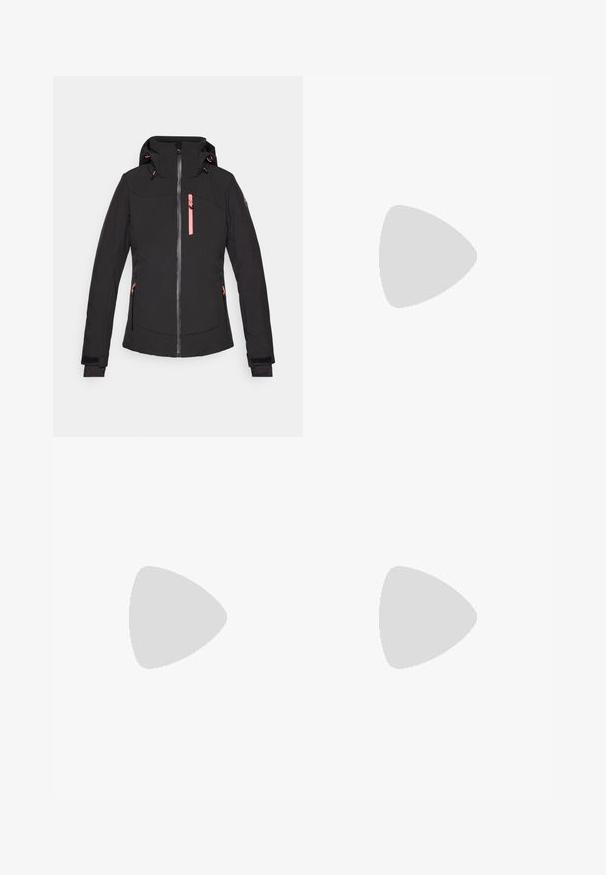 Juodas izoliuotas švarkas su kapišonu, turintis rožinius akcentus, priekinį užtrauktuką ir dvi šonines kišenes. Rankogaliai turi Velcro reguliatorius.; The North Face SHADOW LONG SLEEVE - Ilgarankovis viršutinės dalies drabužis - black; Juodos lauko kelnės, pagamintos iš patvarios medžiagos. Turi užtraukiamas kišenes, sustiprintus kelio plotus ir tiesią konstrukciją, leidžiančią laisvai judėti.; Bežinės ir kreminės spalvos sportinės bateliai su tekstūruoto tinklelio viršutine dalimi, palaikančiomis detalėmis ir guminiais padais, turinčiais raštą, užtikrinantį sukibimą.