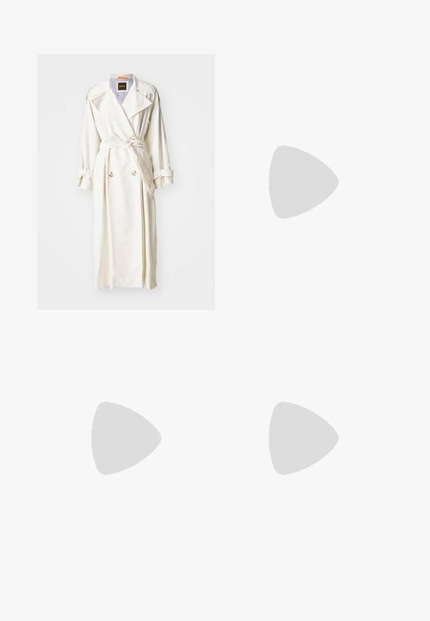 Manteau trench blanc avec deux poches avant, design croisé, larges revers et ceinture à nouer. Comprend des poignets à boutons et une doublure rayée.; Haut noir à manches courtes avec un col rond et des coutures d'épaule angulaires. Fabriqué en tissu lisse avec une coupe ajustée et sans motifs visibles.; Jupe au genou en crème avec un motif floral en sequins. Couche supérieure semi-transparente, doublée en dessous. Texture lisse avec divers embellissements blancs.; Escarpin slingback en cuir noir avec un bout pointu, un petit talon et une texture lisse. Doté d'une fine sangle réglable pour un ajustement sécurisé.