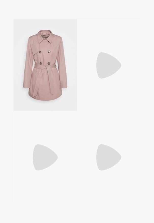 Ροζ παλτό με κλασικό γιακά, διπλά κουμπιά και ζώνη στη μέση. Διαθέτει λείο ύφασμα με μπροστινές τσέπες και καλοραμμένη εφαρμογή.; Μαύρη ριγέ αμάνικη μπλούζα με δαντέλα στη βάση. Διαθέτει λεπτές τιράντες και εφαρμοστή σχεδίαση. Φτιαγμένη από ελαστικό ύφασμα.; Μαύρη, ραμμένη pencil φούστα με λεπτομέρεια κόμπο και πλάγιο άνοιγμα. Κατασκευασμένη από ελαστικό ύφασμα, διαθέτει λείο υφή και εφαρμοστή γραμμή.; Μαύρο τακούνι με尖 καμπυλωτή μύτη, υφή και έντονο ροζ εσωτερικό. Διαθέτει χοντρό τακούνι με ασημί λεπτομέρεια.