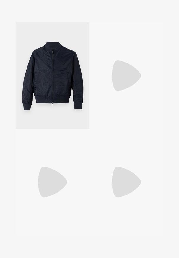 Navy blue bomber jacket made of shiny fabric, featuring a zip closure, ribbed cuffs and hem, and a subtle logo pattern throughout.; Beige long-sleeve shirt made of cotton blend. Features button-down collar, seven front buttons, and a small embroidered logo on the left chest.; Beige cotton chinos with a flat front, belt loops, and side pockets. Straight-leg design with a smooth texture and a light, breathable feel.; White leather sneakers, low-top design, featuring a smooth texture, round toe, laced front, and a small embroidered logo on the side.