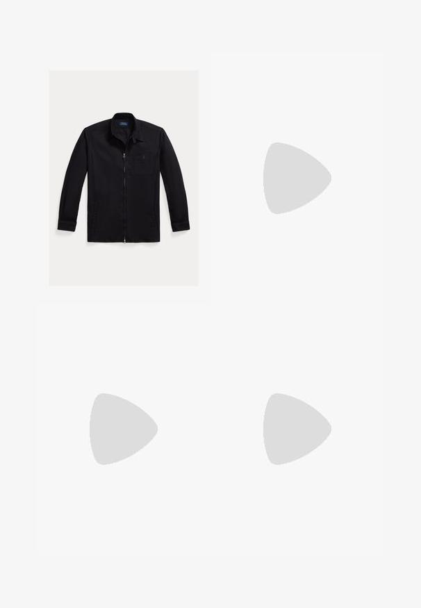 Black zip-up jacket made of smooth fabric, featuring a collared neck, long sleeves, one chest pocket, and a logo on the pocket.; Black sweatshirt made of cotton blend, featuring a crew neckline, ribbed cuffs, and a small red logo on the chest. Classic design.; Black chinos with a straight-leg fit, made of cotton blend fabric, featuring a zip fly, belt loops, and side pockets. Smooth texture.; Black and white low-top sneaker with mesh and suede upper, white laces, white sole, and a polo player logo on the side.