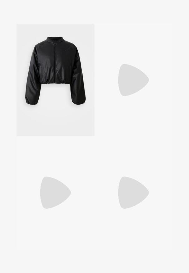 Μαύρο cropped bomber jacket με απαλή, τεχνητή δερμάτινη υφή, κλείσιμο με φερμουάρ και ελαστικούς καρπούς για εφαρμόζουσα σιλουέτα.; Μαύρο κοντομάνικο μπλουζάκι α�πό βαμβάκι με στρογγυλή λαιμόκοψη, διαθέτοντας λευκές ρίγες στους ώμους και ένα μικρό λευκό λογότυπο Adidas στο στήθος.; Μαύρα φαρδιά αθλητικά παντελόνια με ελαστική μέση, διαθέτουν λευκές πλευρικές ρίγες και ένα μικρό λογότυπο στο αριστερό ισχίο. Λείο υλικό.; Μαύρα δερμάτινα sneakers με λευκές ρίγες, καουτσούκ προστατευτικό στην μύτη, μαύρα κορδόνια και κρεμ outsole. Λείος υφής με γυαλιστερή φινίρισμα.