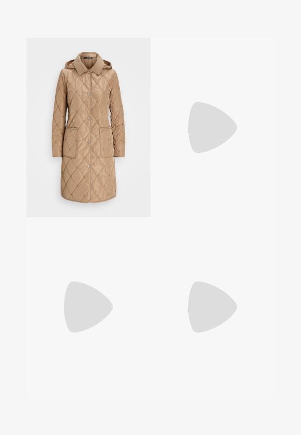 Beige quilted coat with a hood, featuring a corduroy collar, snap buttons, and two front pockets. Smooth texture with diamond pattern.; Cream-colored short-sleeve T-shirt with a round neckline. Soft texture and relaxed fit, featuring rolled cuffs and a slightly curved hem.; White tailored pants featuring a high waist, double front pleats, and wide legs with folded cuffs. Made from a smooth, textured fabric.; White leather sneaker with gold accent at the heel, perforated detailing, embossed lettering, and a rubber sole with a textured pattern.